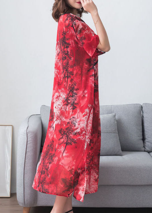 Red Print Chinese Button Patchwork Chiffon Long Dresses Summer
