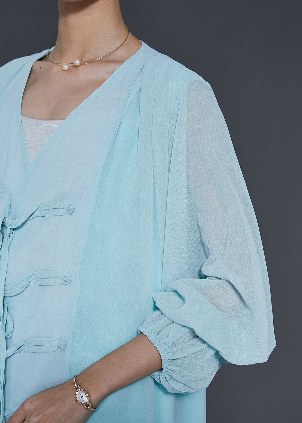Sky Blue Chinese Button Chiffon Two Pieces Set Summer