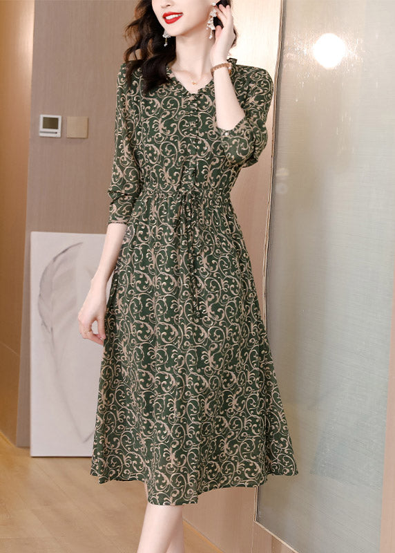V Neck Print Drawstring Tie Waist Chiffon Maxi Dress Long Sleeve