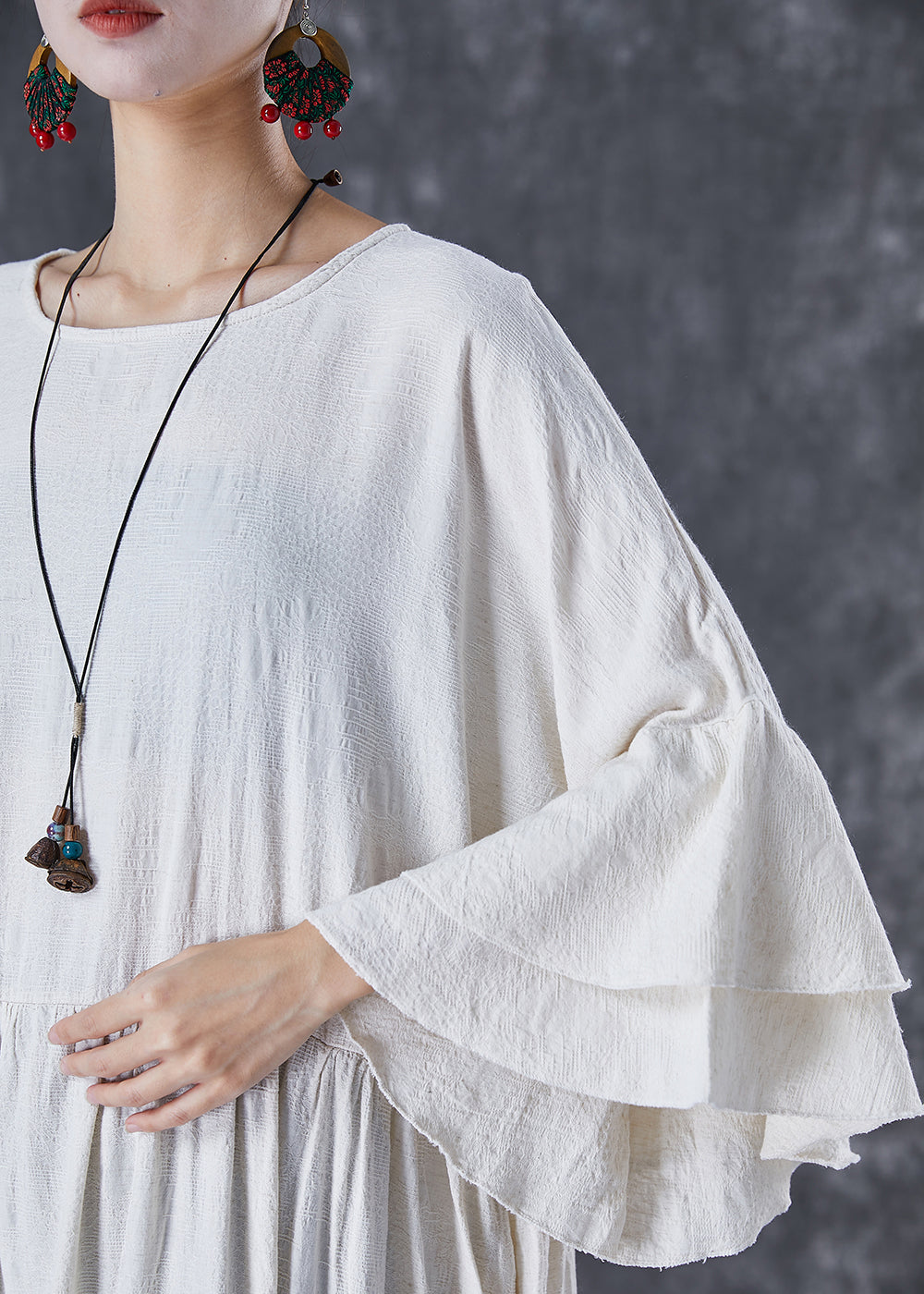 White Oversized Exra Large Hem Linen Maxi Dresses Flare Sleeve