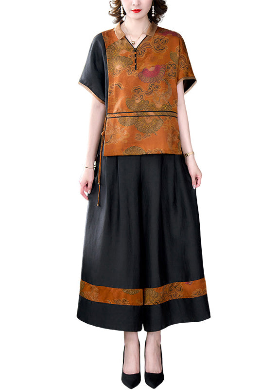 Yellow Print Tops and Pants Silk Two Piece Set Outfits Summer