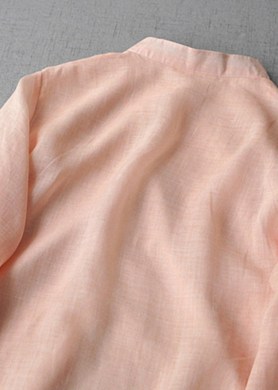 Yellow Stand Collar Chinese Button Linen Shirt Bracelet Sleeve