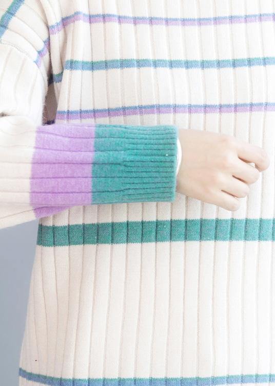 Winter Beige Sweaters Loose Fitting Patchwork Color Knitted Top
