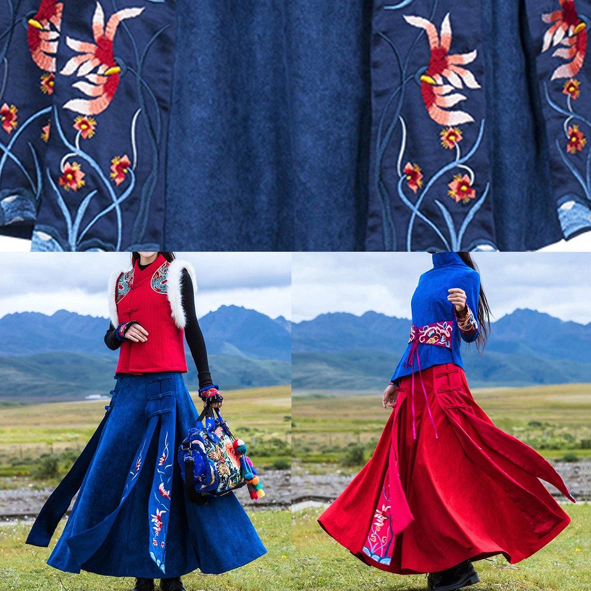 Vivid Chinese Button Cotton Embroidery Outfit Outfits Red Cotton Skirts