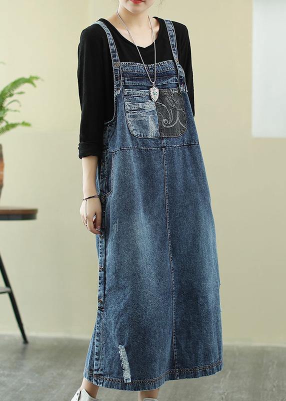 Vivid Denim Blue-letter Tunic Dress Slash Neck Hole Maxi Dress