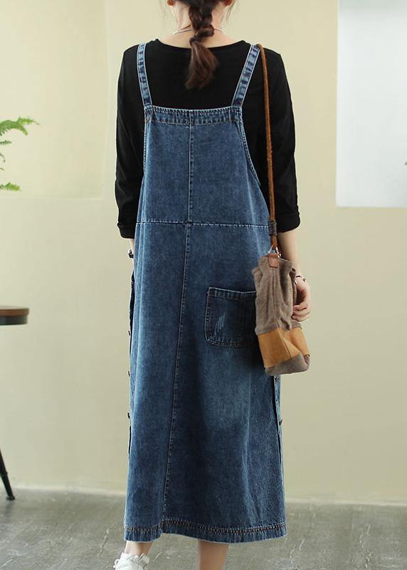 Vivid Denim Blue-white Flowers Tunic Dress Slash Neck Hole Maxi Dress