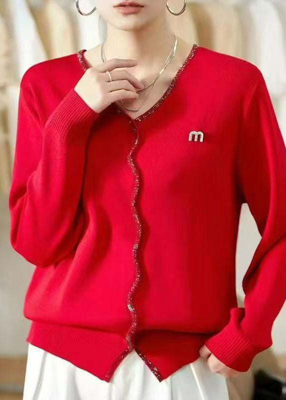 Warm Red V Neck Knit Sweaters Fall