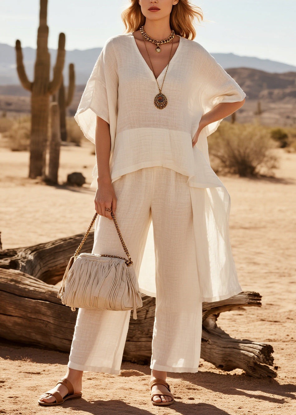 White Patchwork Linen Two Piece Suit Set Oversized Low High Design Summer