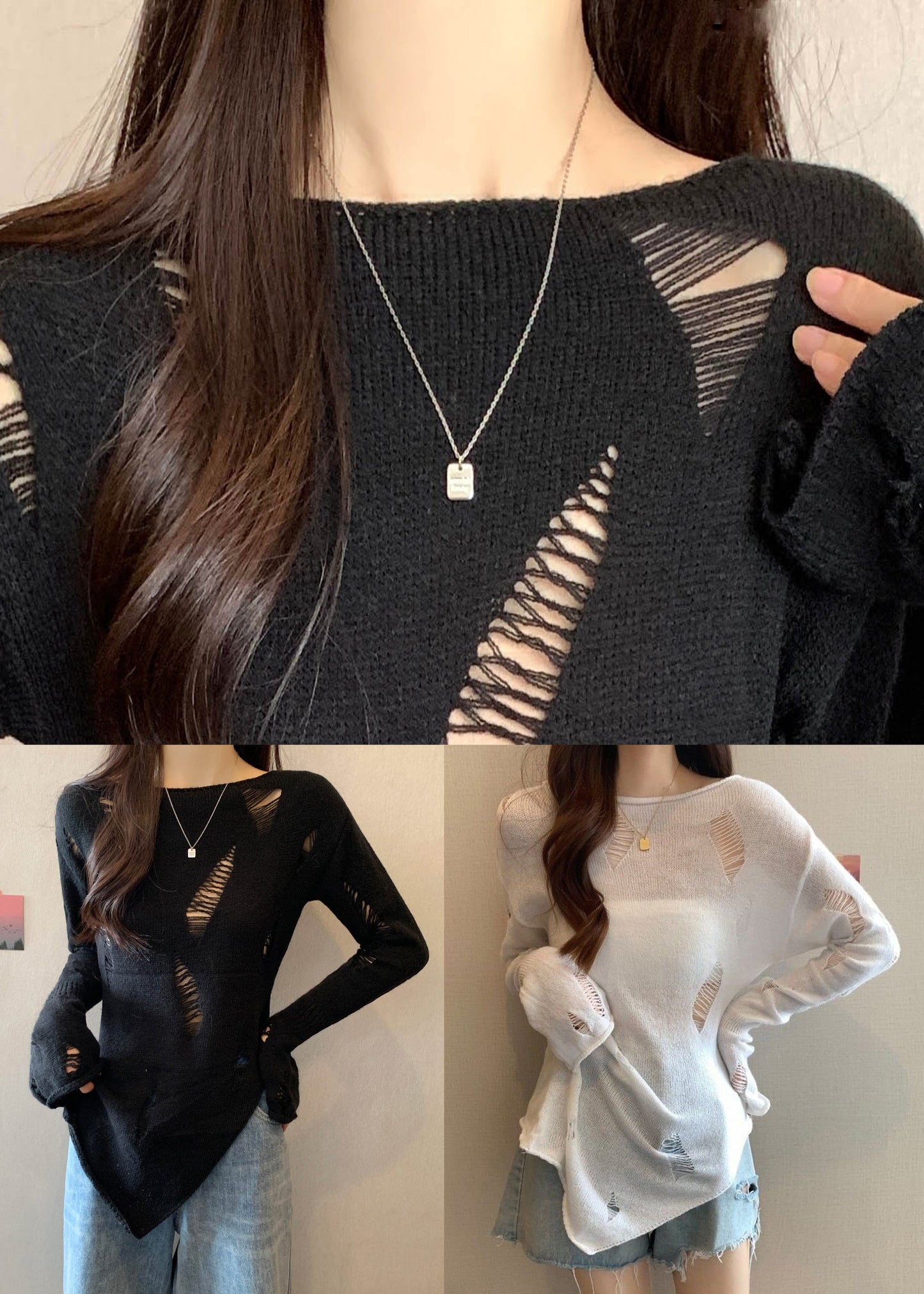 White Side Open Knit Spring Sweater Hollow Out