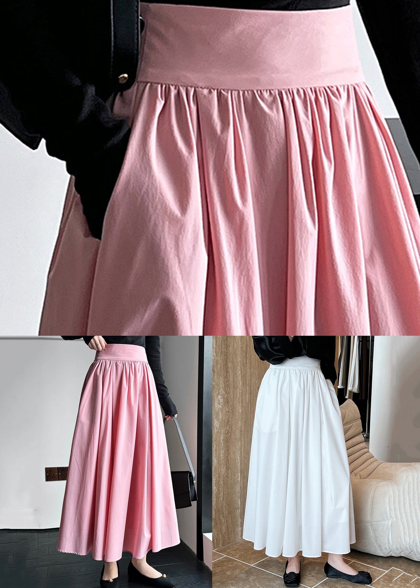 White Pockets Cotton Pleated Skirt High Waist