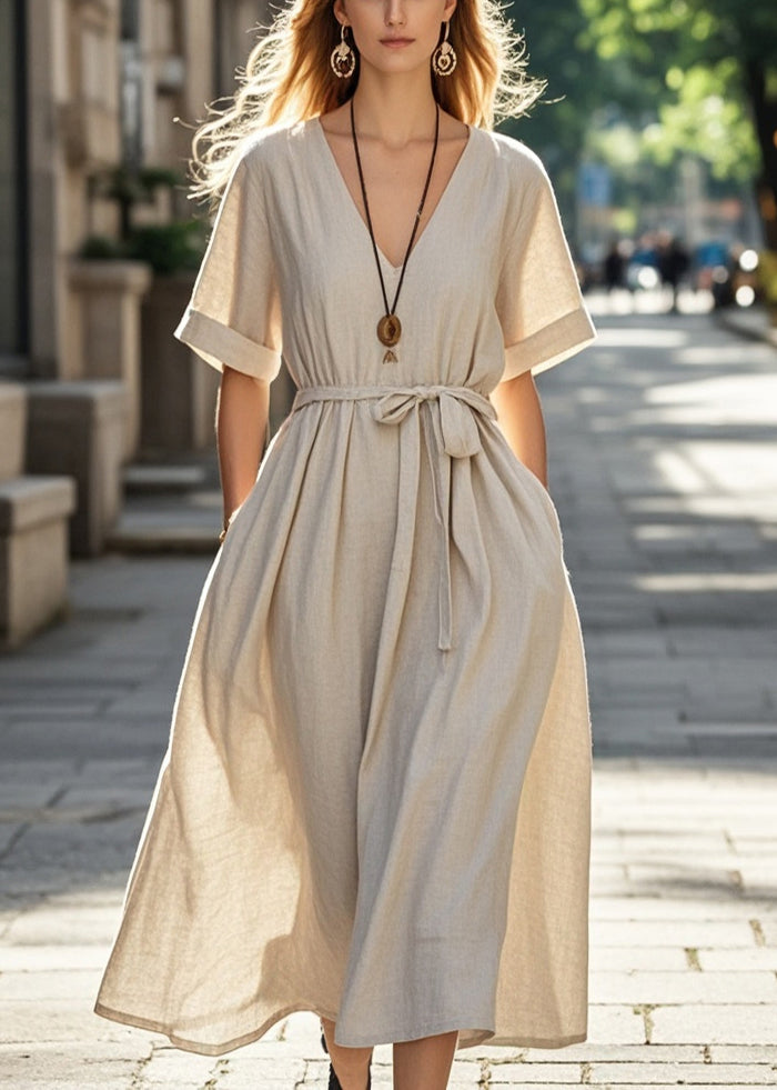 Apricot Tie Waist Cotton Long Dresses Summer