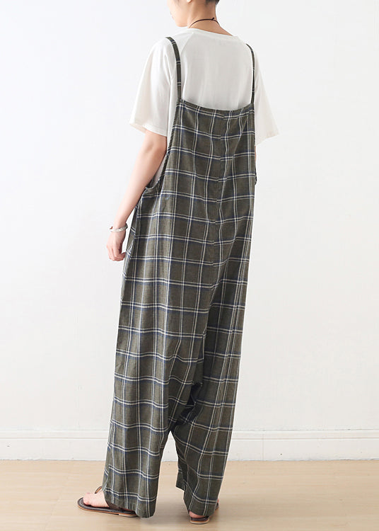 Baggy Green Plaid Cotton Spaghetti Strap Jumpsuit Summer