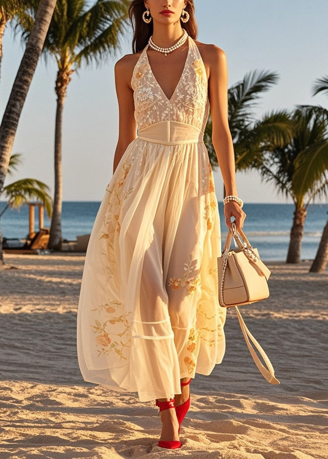 Beige Cold Shoulder Print Tulle Halter Dresses Summer