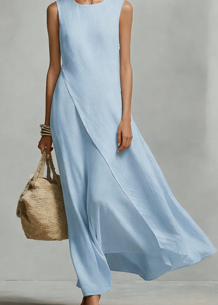 Beige O Neck Asymmetrical Cotton Dress Sleeveless