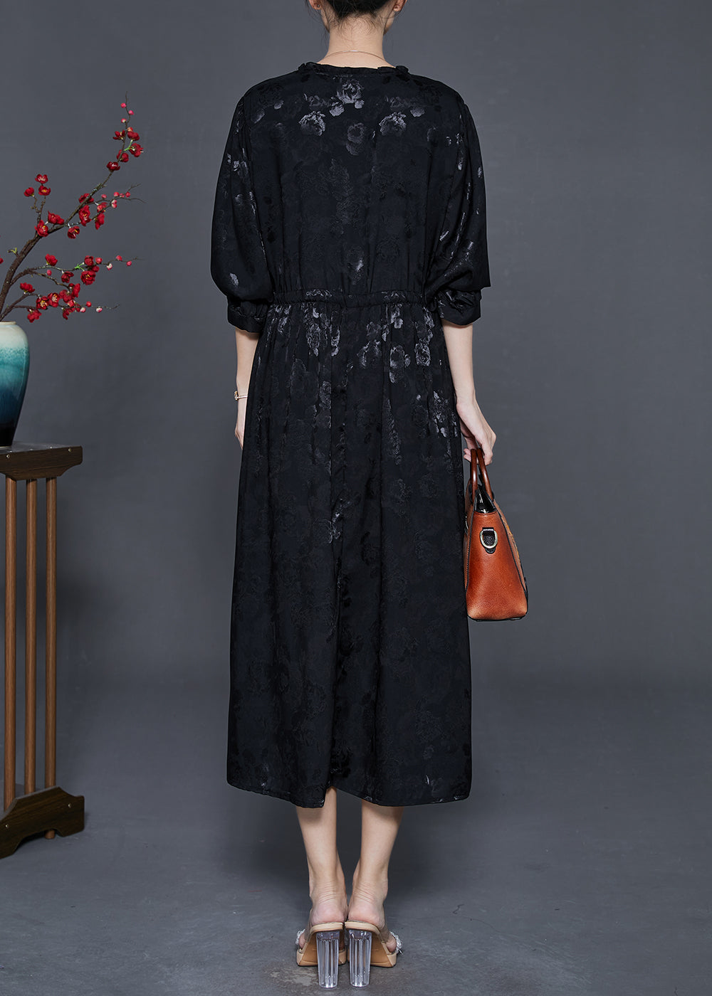 Black Cinched Print Exra Large Hem Silk Dress Fall