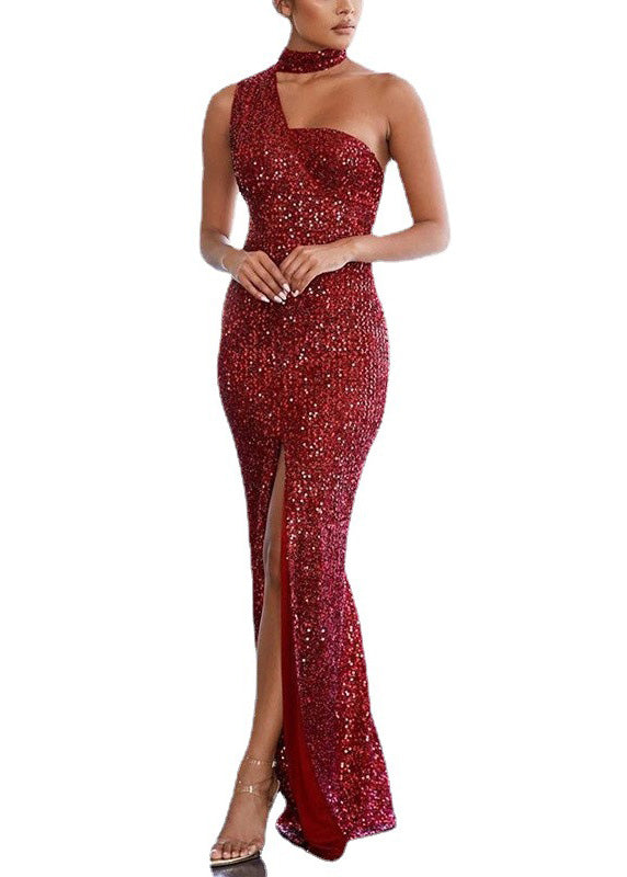 Black Cold Shoulder Sequins Side Open Long Dresses Summer