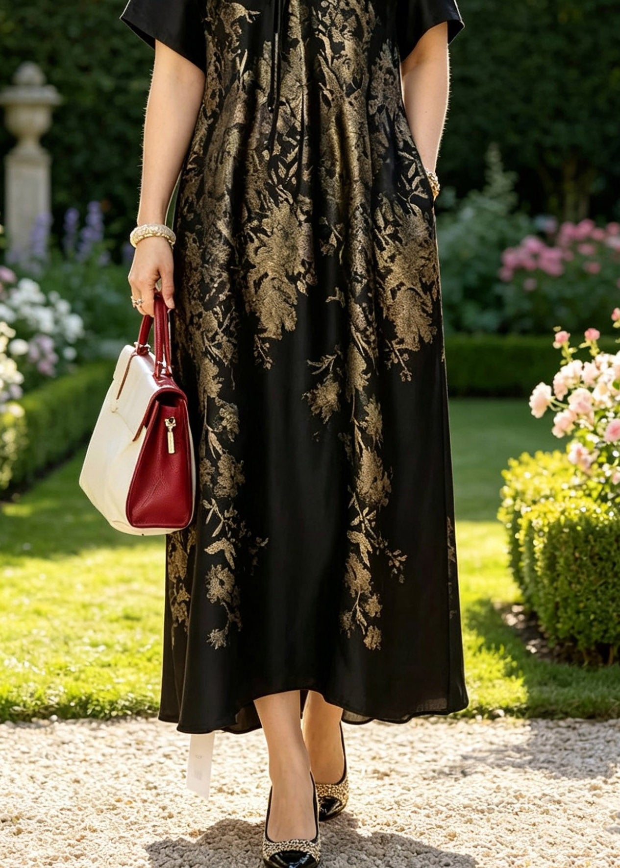 Black Gold V Neck Wrinkled Patchwork Silk Long Dresses Summer