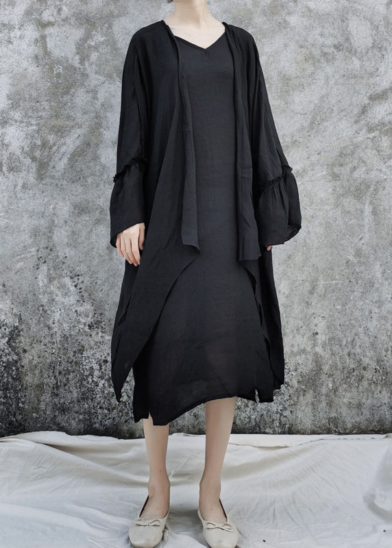 Black Linen Loose Cardigan and Spaghetti Strap Dress Two Pieces Set Flare Sleeve