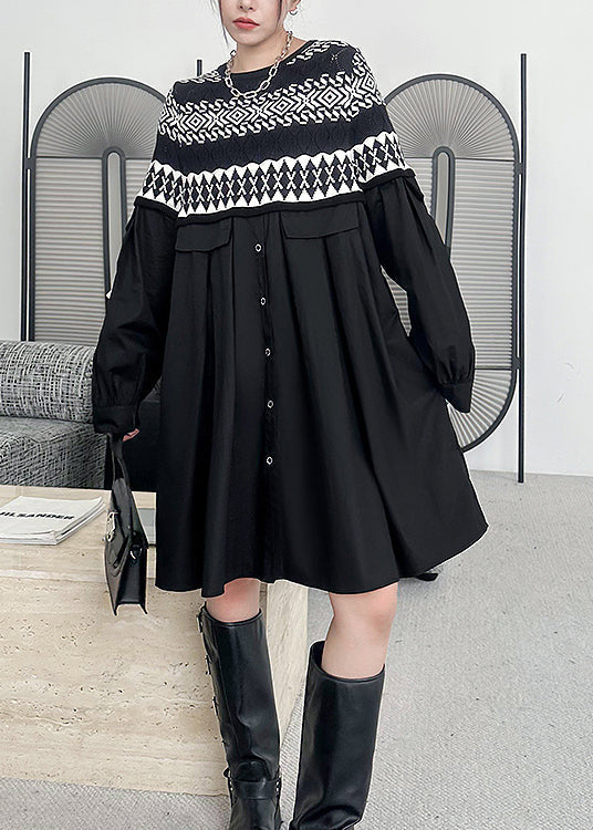 Black O Neck Knit Patchwork Cotton Dresses Spring