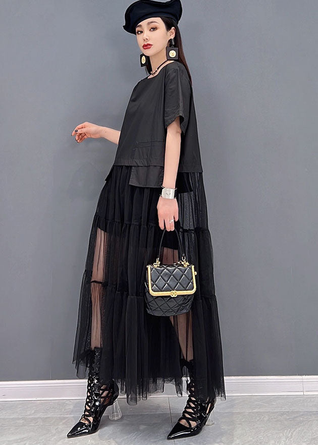 Black O-neck Patchwork Tulle Long Dress Short Sleeve