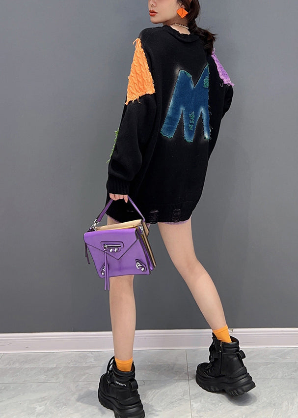 Black O-neck Print Patchwork Knit Sweaters Fall