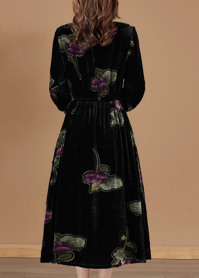 Black O-neck Print Velour Party Dress Bracelet Sleeve