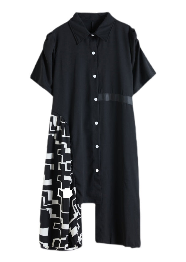 Black Peter Pan Collar Asymmetrical Print Patchwork Shirt Dresses Half Sleeve