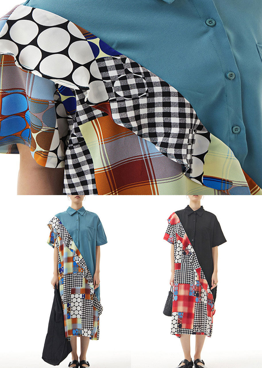 Black Peter Pan Collar Ruffled Print Patchwork Chiffon Dresses Summer