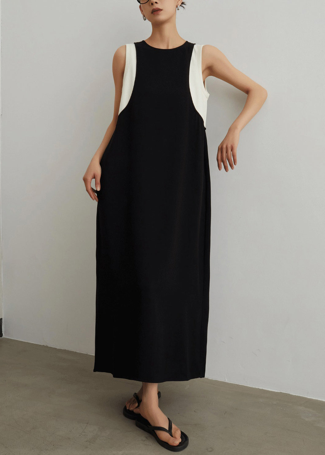 Black Pockets Patchwork False Two Pieces Cotton Long Dresses Sleeveless