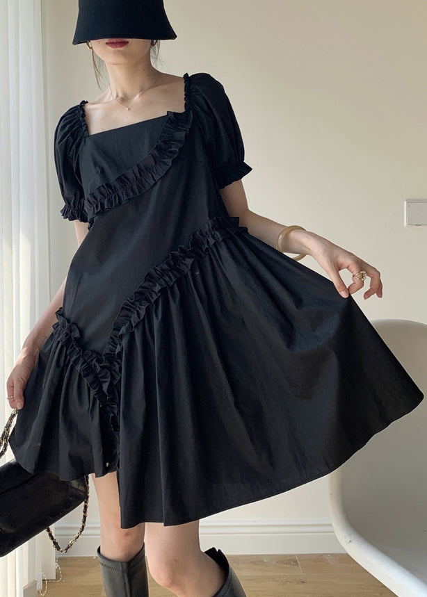 Black Ruffled Asymmetrical Patchwork Cotton Dresses Puff Sleeve