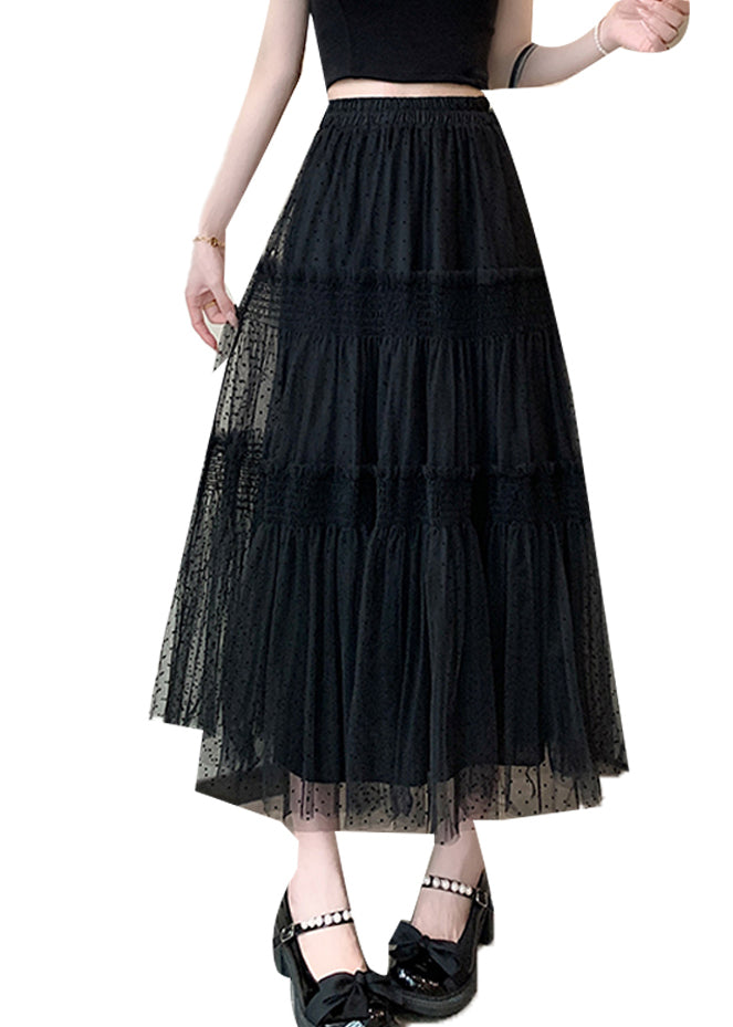 Black Ruffled Patchwork Elastic Waist Tulle Skirt Summer