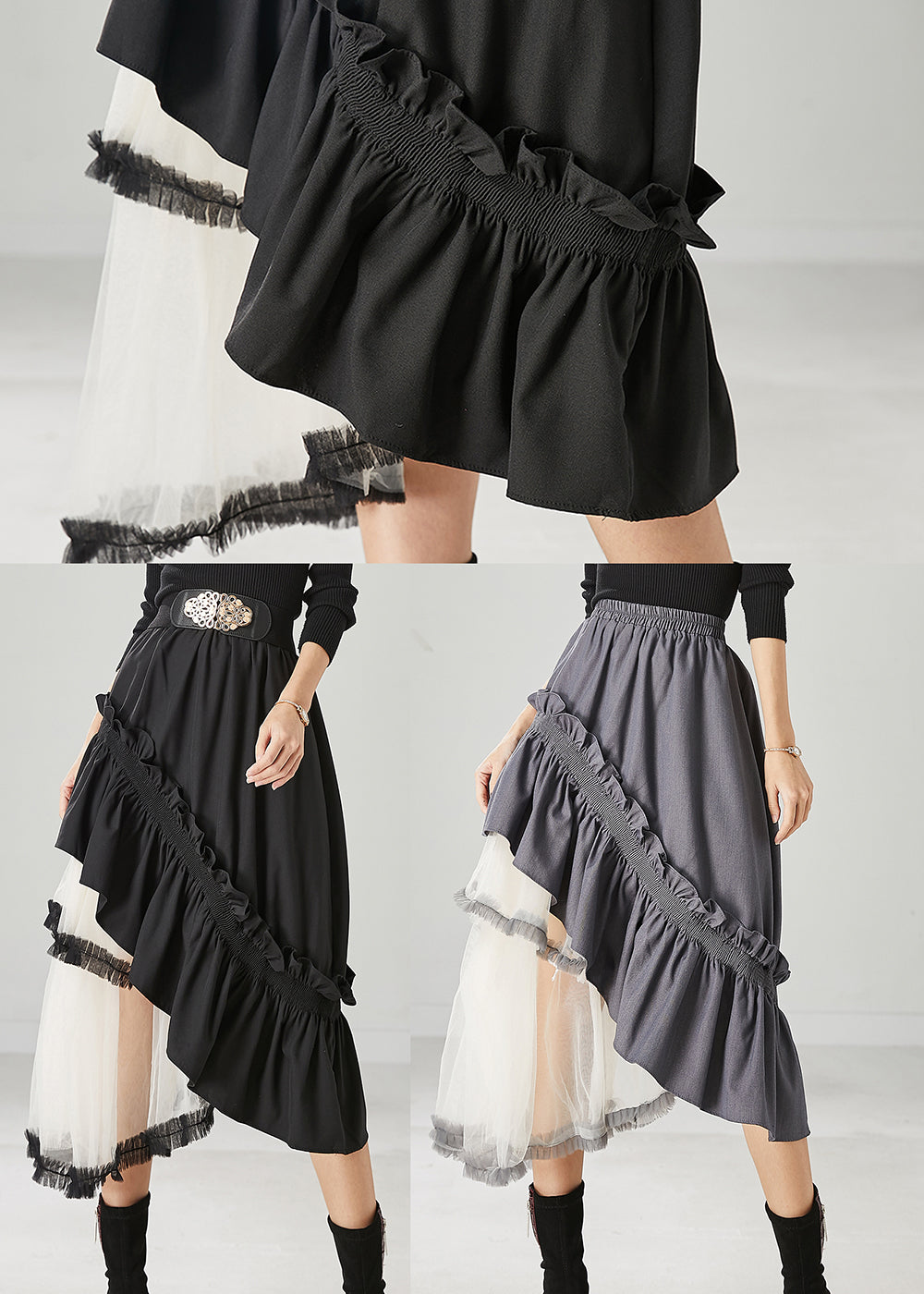 Black Ruffled Patchwork Tulle Cotton Skirt Spring