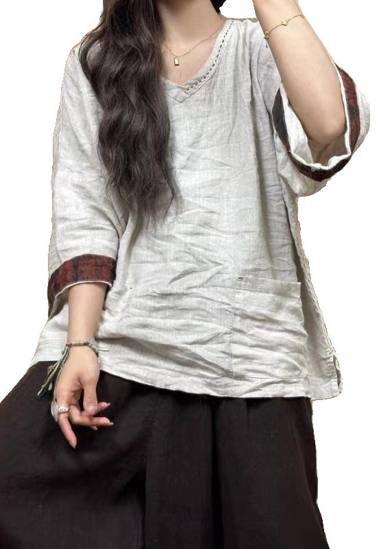 Black Pockets Linen Top Bracelet Sleeve