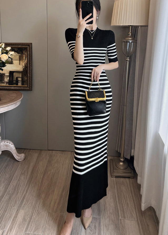 Black Stand Collar Striped Knit Straight Dress Summer