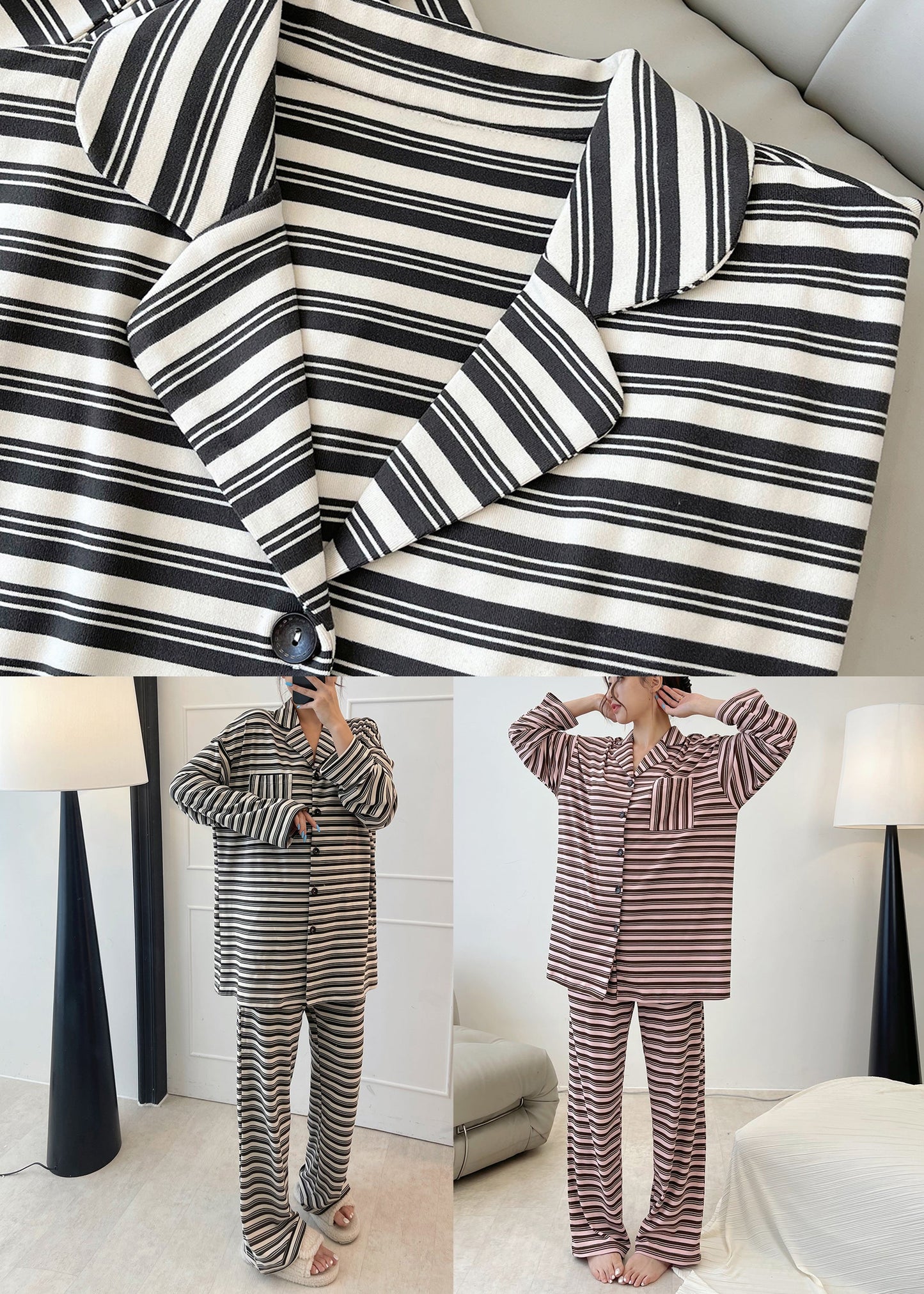 Black Striped Patchwork Cotton Two Piece Set Long Sleeve