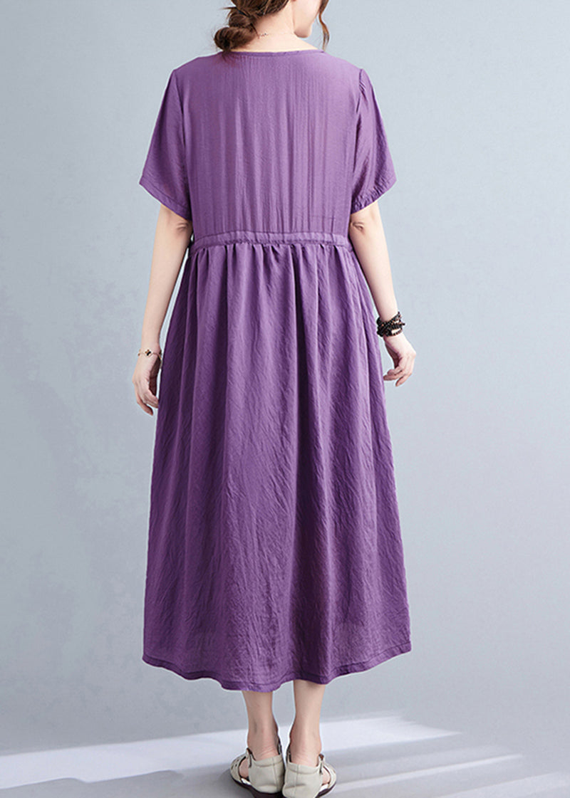 Blackish Green Embroideried Cinched Linen Silk Dress Summer