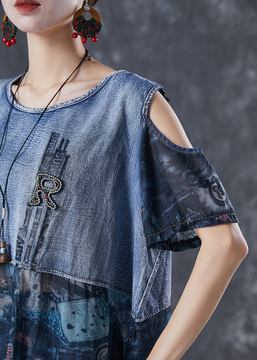 Blue Cold Shoulder Patchwork 2 Piece Outfit Summer