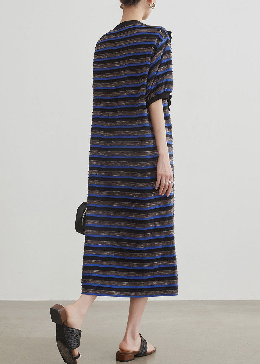 Blue O-neck Striped Long Dress Short Sleeve