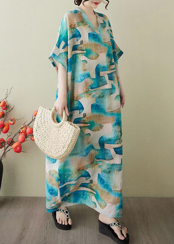 Blue Oversized Print Cotton Party Dress Summer