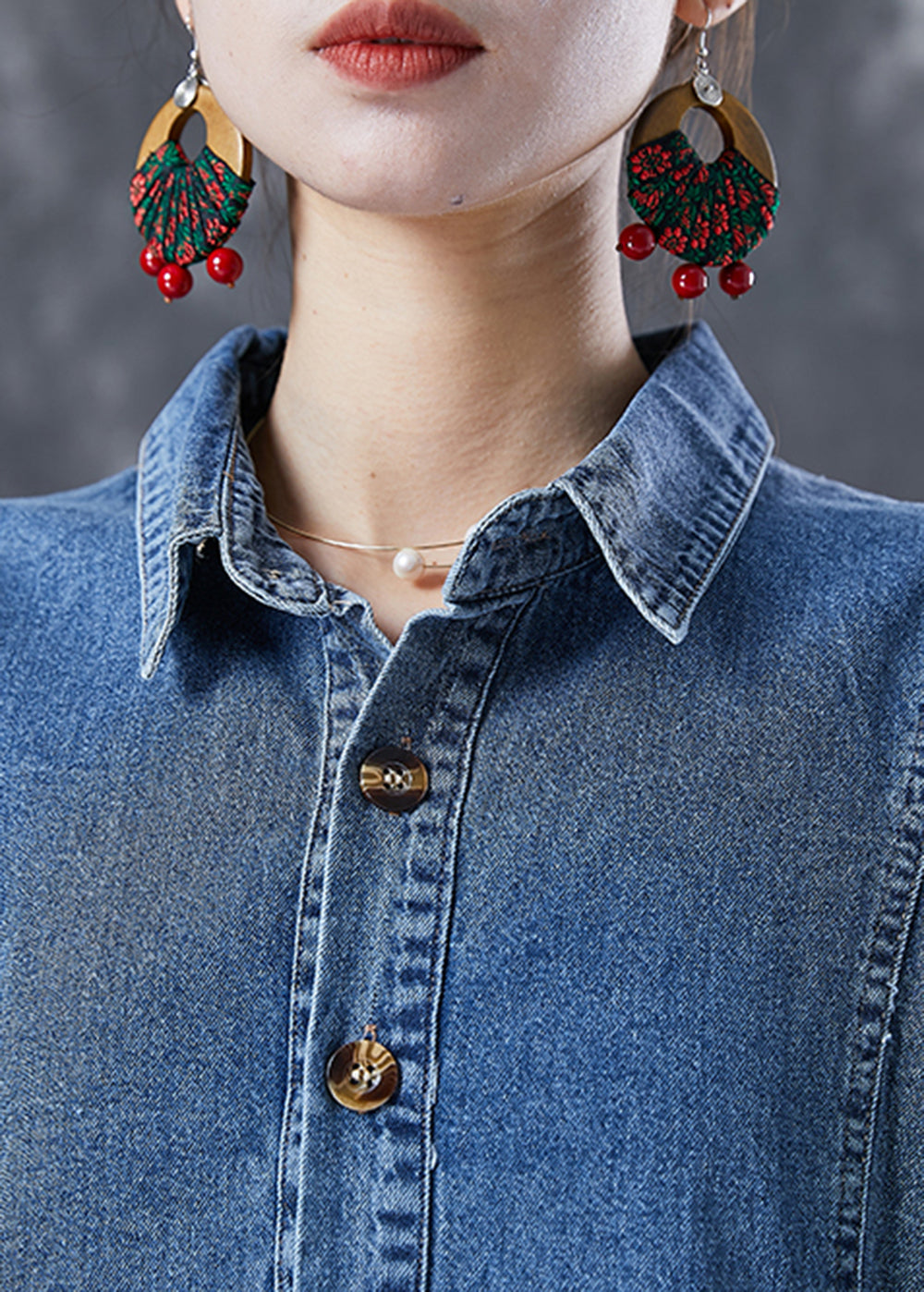 Blue Peter Pan Collar Wrinkled Denim Dress Bracelet Sleeve