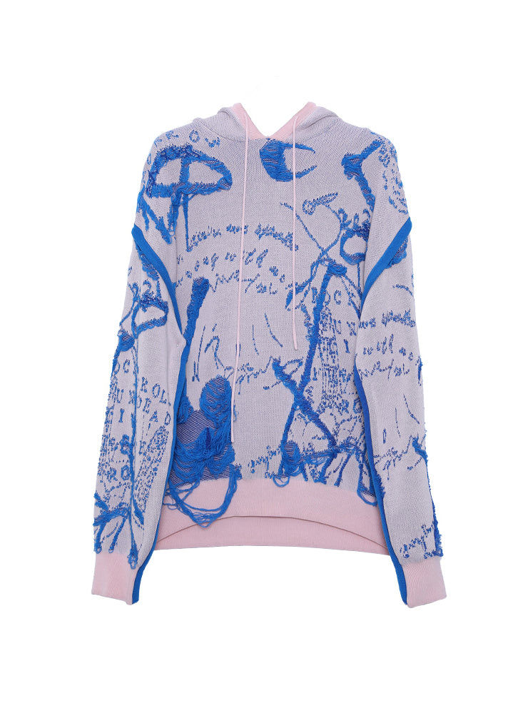 Blue Pink Hooded Jacquard Knit Sweater Fall
