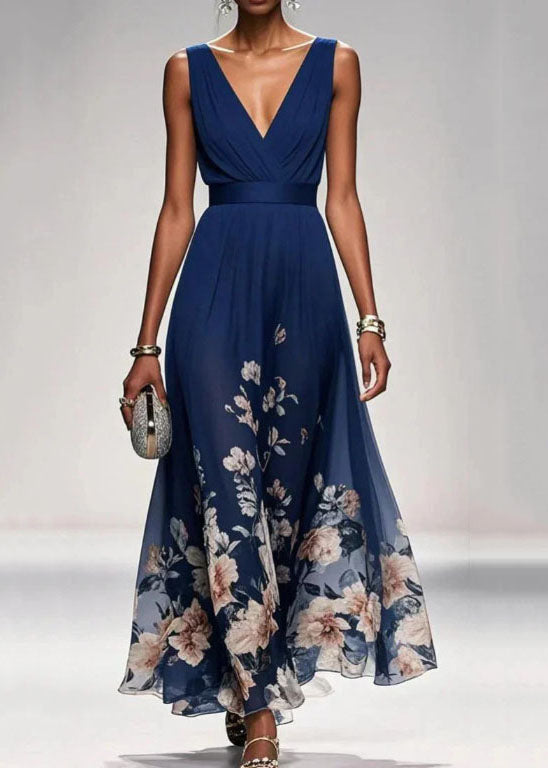 Blue V Neck Print Chiffon Long Dress Summer