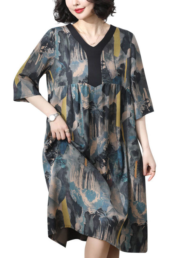 Blue V Neck Print Wrinkled Patchwork Silk Dress Summer