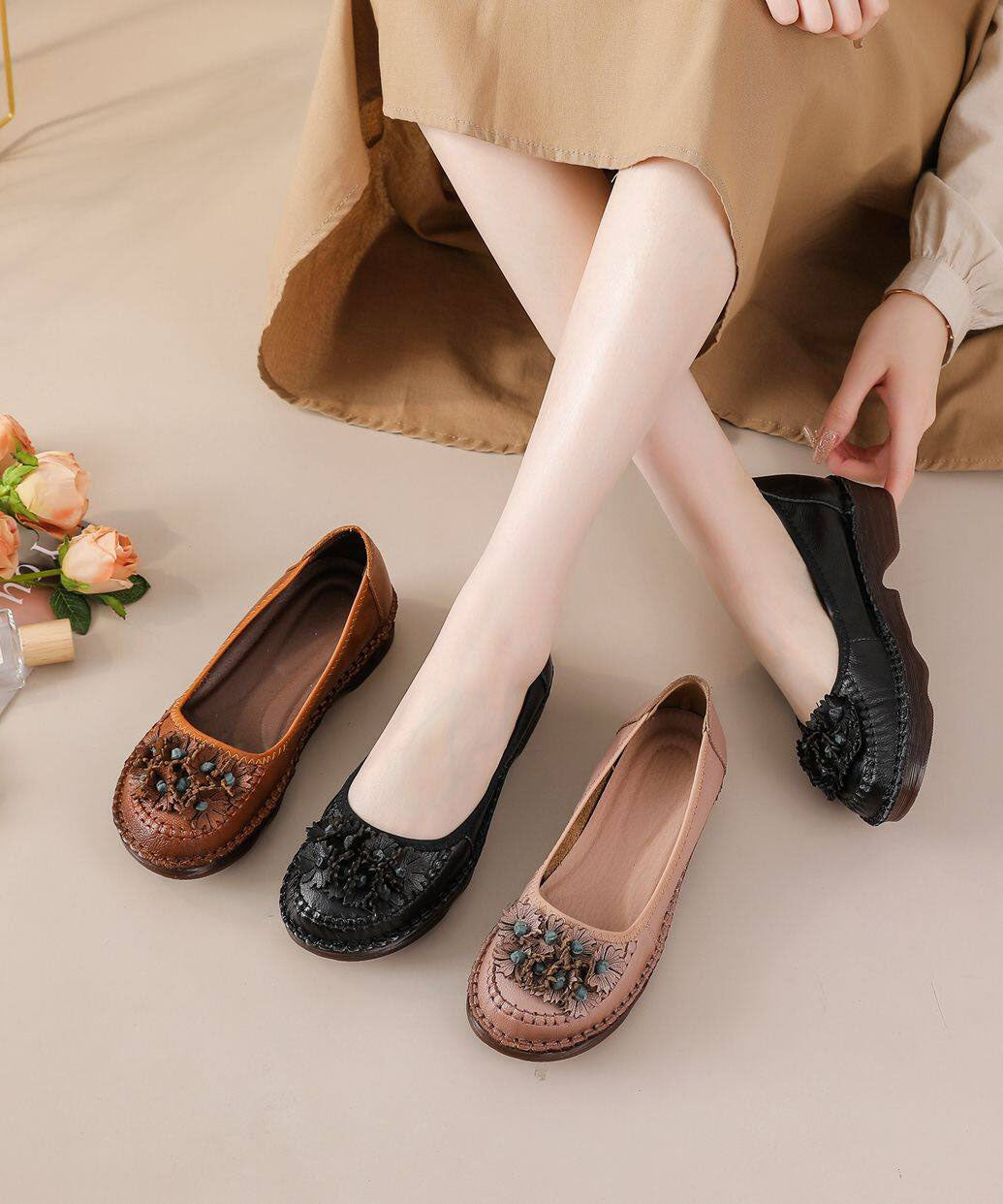 Caramel Flats Cowhide Leather Comfortable