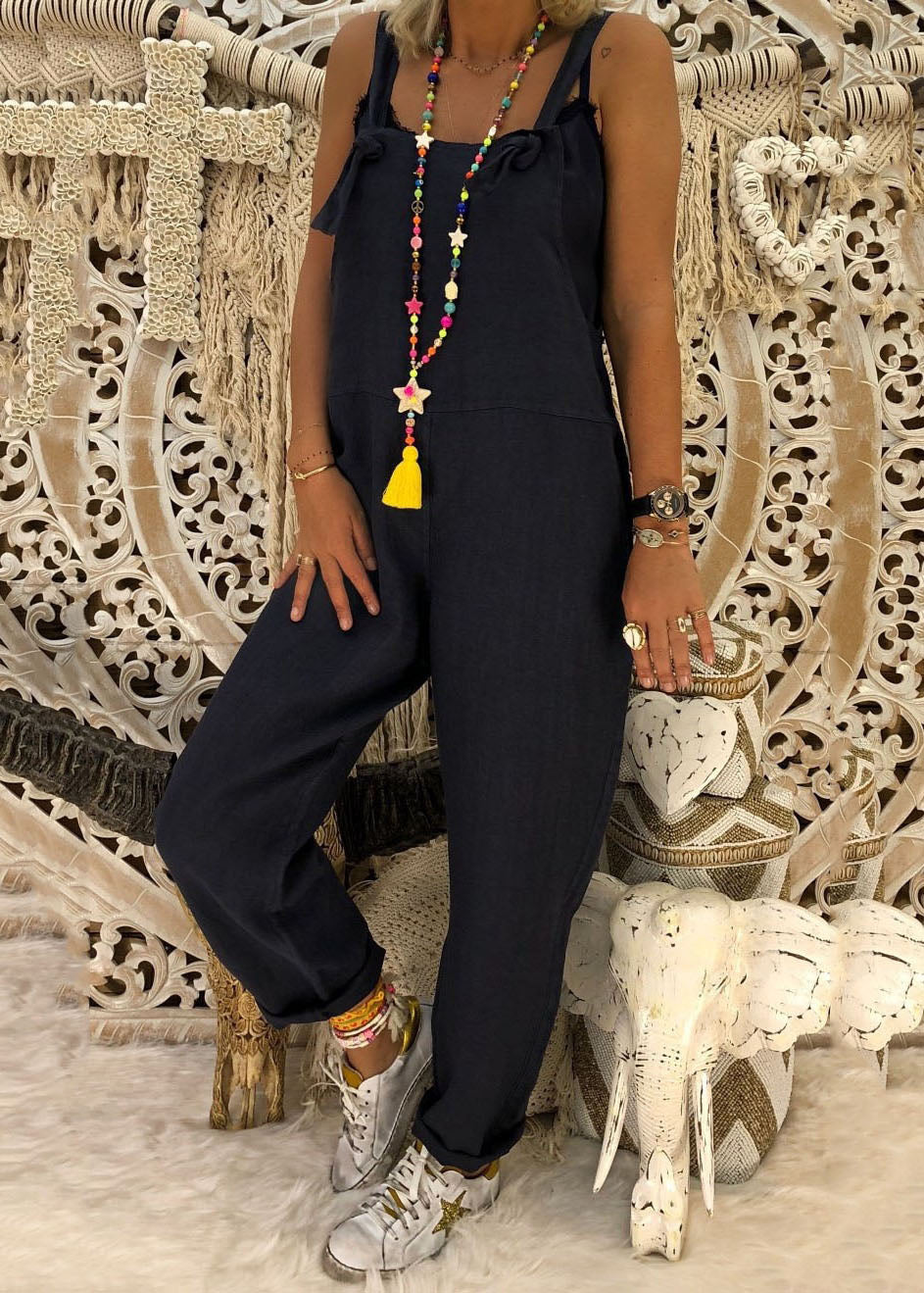 Straps Color Overalls Jumpsuit With Behind Pocket