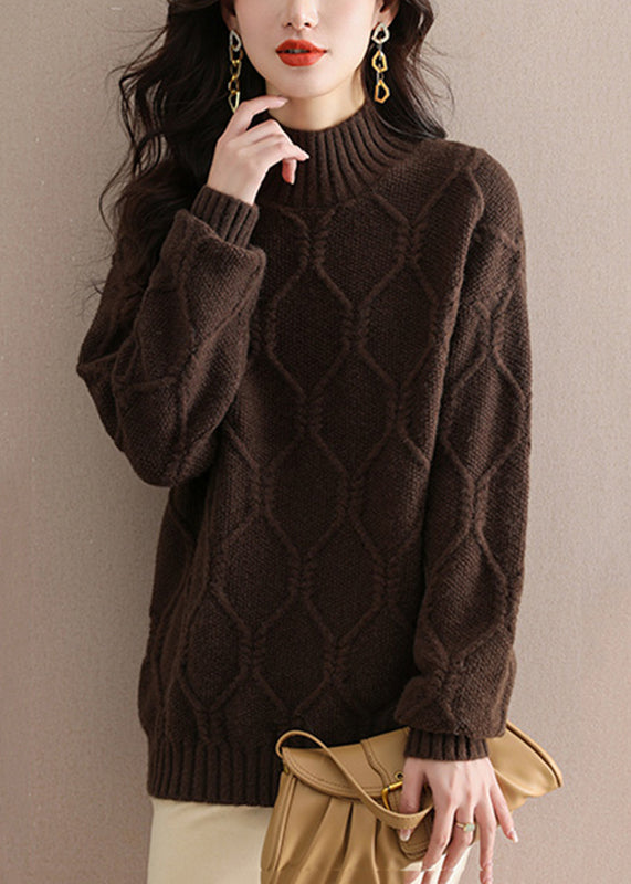 Coffee Turtleneck Cotton Knit Sweaters Spring