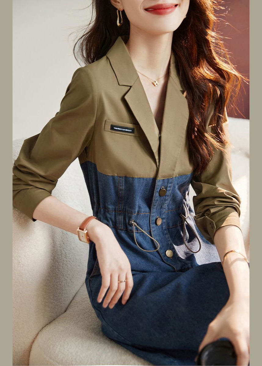 Colorblock Drawstring Pockets Patchwork Dresses Long Sleeve