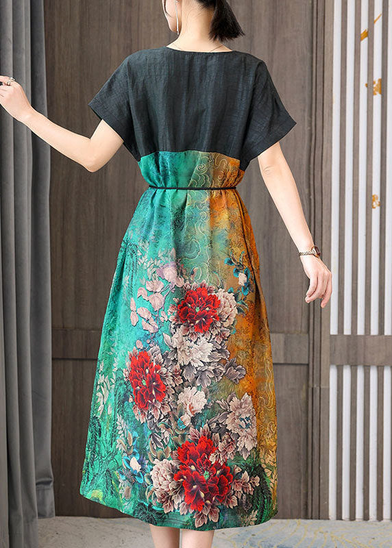 Colorblock V Neck Patchwork Silk Dress Summer