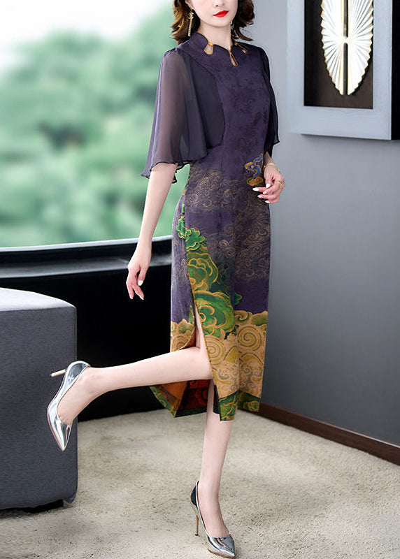 Dark Purple Print Side Open Slim Fit Silk Dress Cloak Sleeves