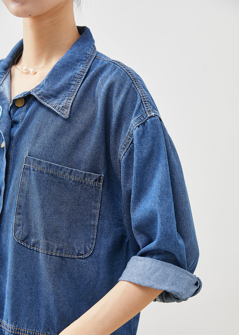 Denim Blue Oversized Patchwork Cotton Mid Dress Fall
